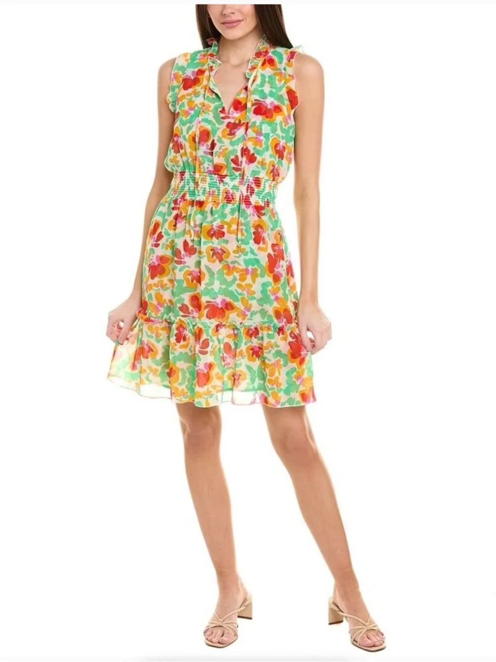 Cabi Floral Ruffle Mini Dress Size M Boho Cottagecore Spring Summer Garden Party
